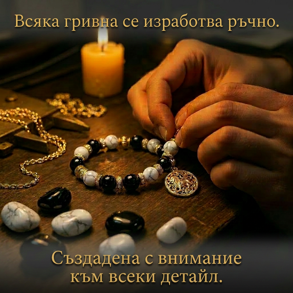 Hands crafting a gemstone bracelet by candlelight