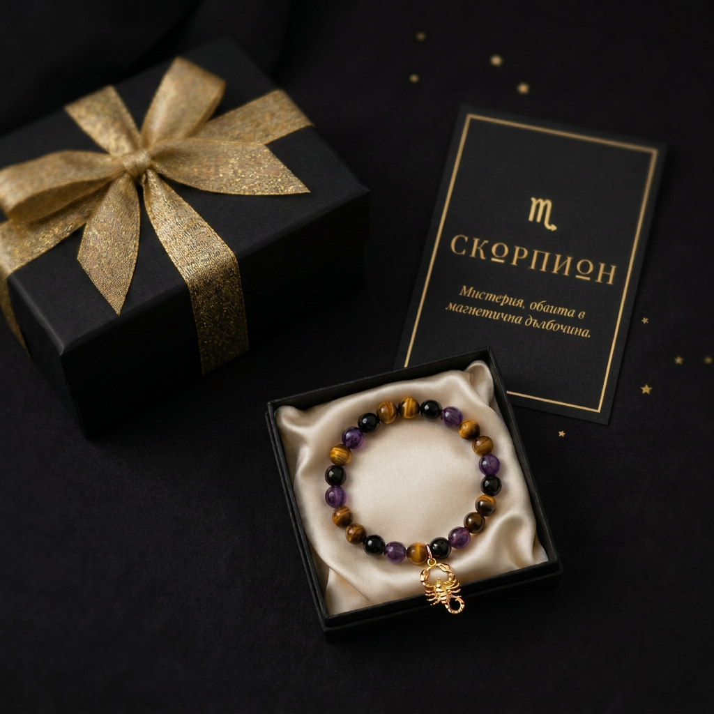 Black gift box with gold ribbon, bracelet and zodiac message card