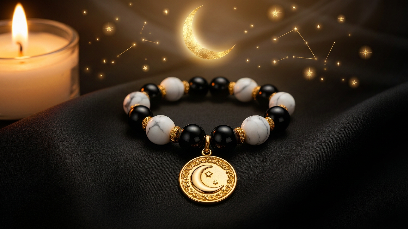 Handcrafted zodiac bracelet on black silk with golden moon and stars